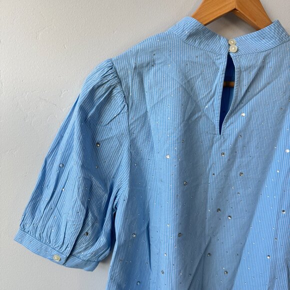 NWT Loft Blue White Striped Short Puff Sleeve Blouse Glitter Dots Cottagecore - Picture 9 of 15